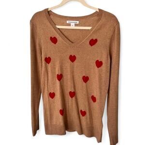 Heart Print V Neck Sweater Tan Red Hearts Lightweight Knit Casual Women’s Small